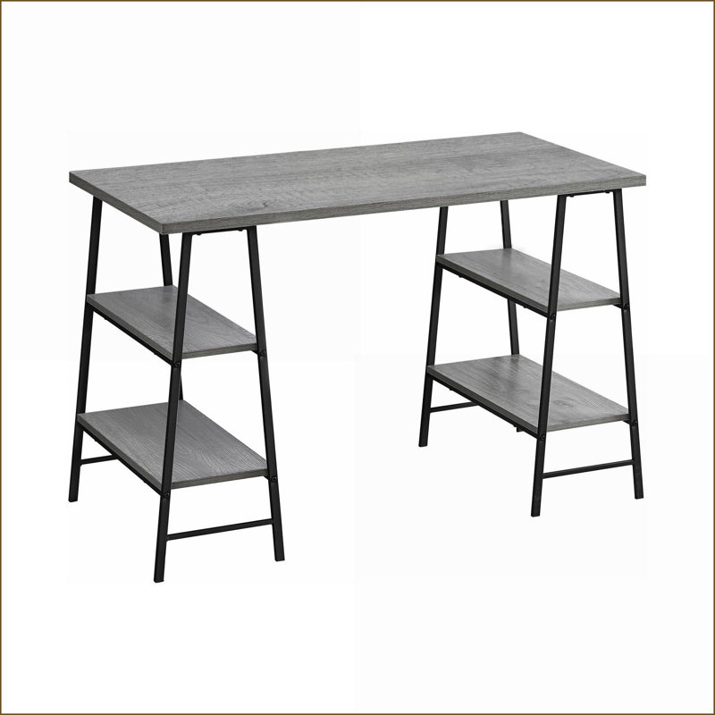Computer Desk - Industrial Modern 48” L with Storage Shelves, Grey Laminate &amp; Black Metal | Grey | Metal, Gray, Black