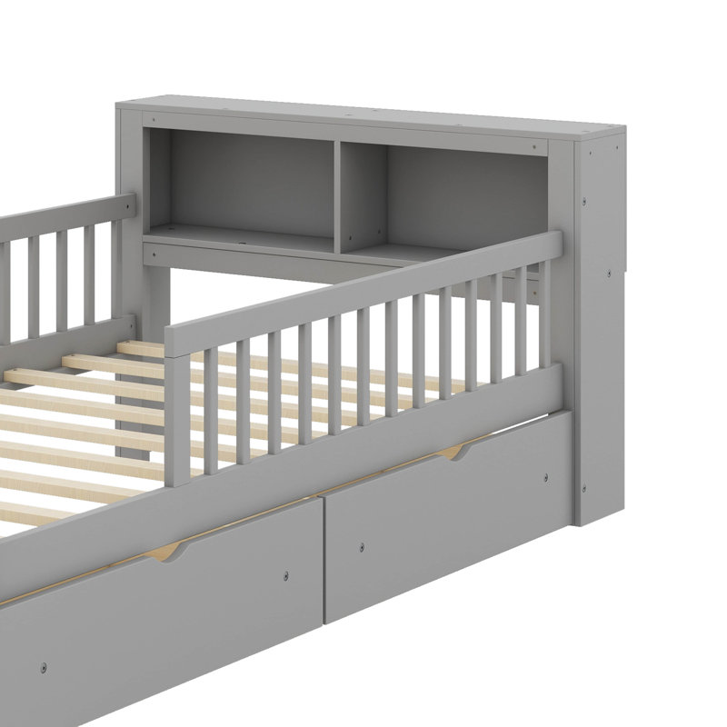 Lit simple avec support de tête de lit, deux tiroirs sous le lit et sécurité, Gris