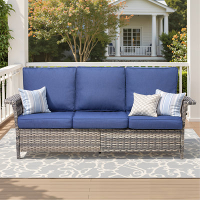 76.7" Wide Outdoor Wicker Patio Sofa, Wide Armrest Outdoor Couch with Blue Cushions for Porch Garden