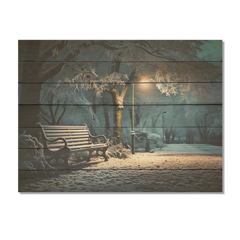 «Snowy Park Floral Canopy At Night - Forêt sur bois», H 30 po x l 40 po