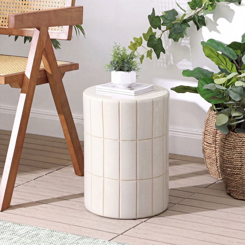 Tabouret de jardin tambour en céramique Karo, Blanc