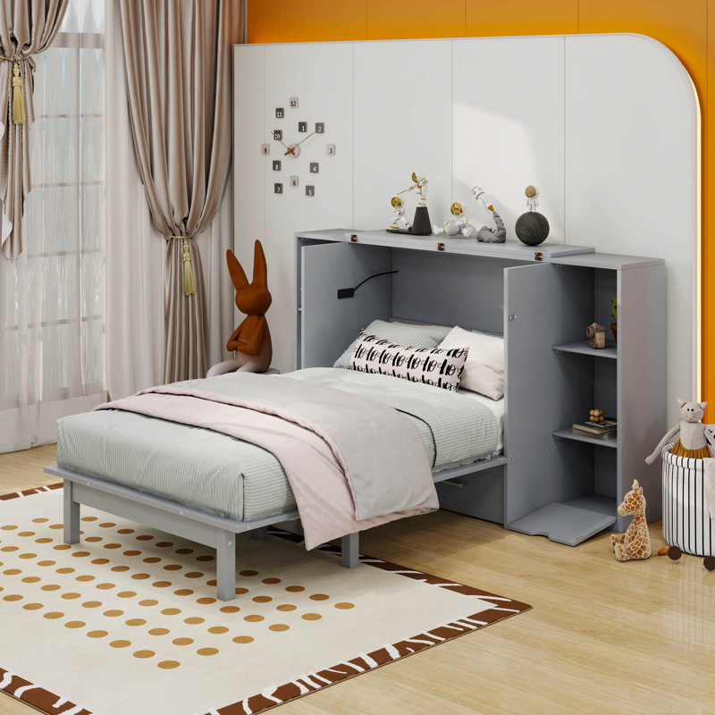 Grand lit escamotable avec tablettes, tiroirs et ports USB, Gris