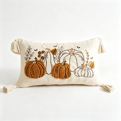Embroidered Pumpkin Lumbar Throw Pillow, 14" x 24" Rectangular Decorative Accent Pillow for Sofa Couch