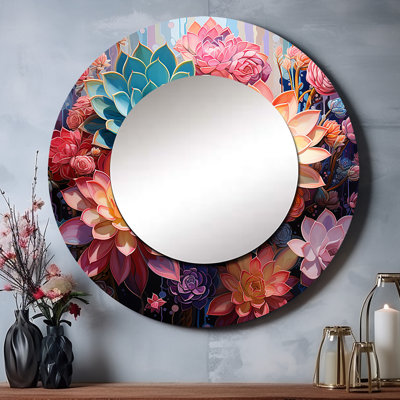 Pink Succulent Pink Serenade I - miroir décoratif succulent, miroir mural rond traditionnel, impression d'art en métal