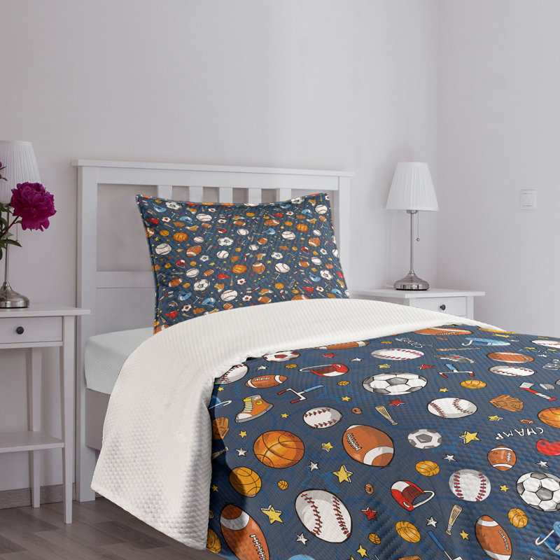 Twin Kids Sports Themed Blue Polyester Bedspread Set