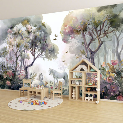 Nursery Peel and Stick Wallpaper White Horses Pastel Floral Forest Deer Rabbits Wall Murals 100"H x 144"W Removable PVC Wall Paper Self-Adhesive Wall Decor for Bedroom Living Room For Nursery Room