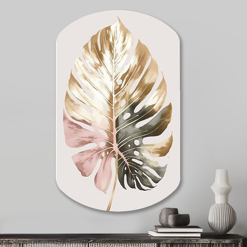 Or et blanc feuille de Philodendron II - art floral cylindrique asymétrique en métal, H 31 po x l 19 po