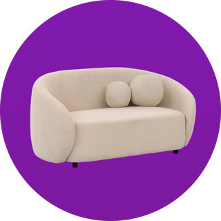 Cream coloured curved loveseat with two round decorative cushions on a purple circular background.