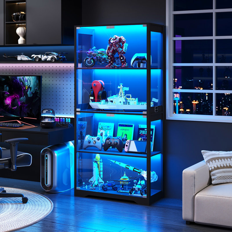 Display Cabinets with Glass Doors & 3 Color Lights,Black