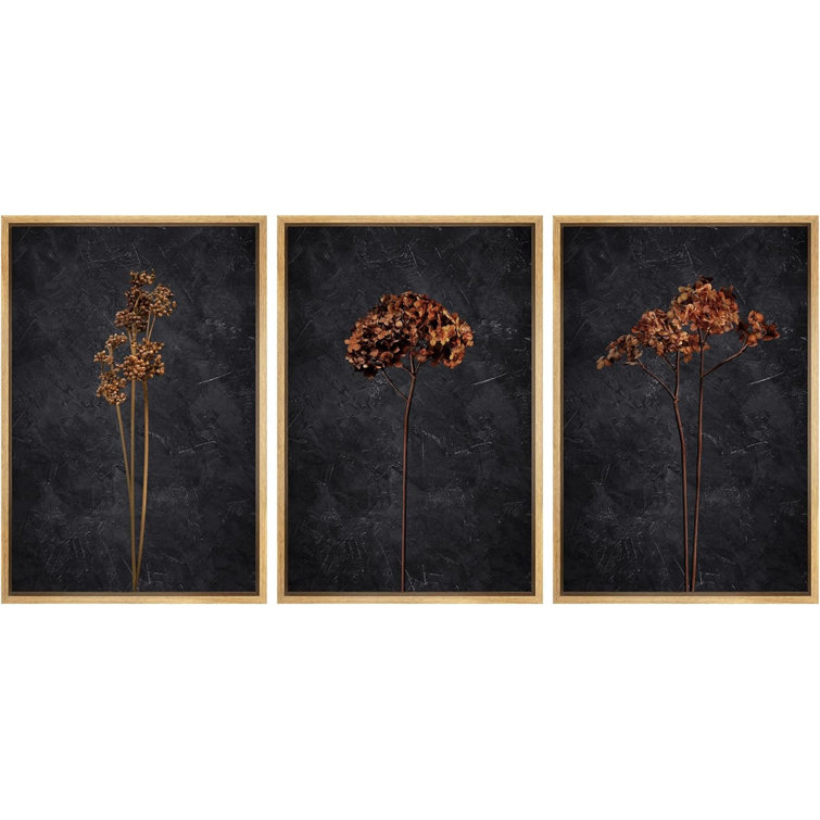 Grunge Moody Flower Minimalist Floral and Botanical Framed Canvas 3 Pieces Set Print Wall Art