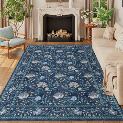 5x8 Area Rug, Washable Vintage Floral Rug for Living Room, No Slip & Stain Resistant Soft Low Pile Indoor Mat for Bedroom, Nursery, Kid Playroom, Dining Room, Home Office, Dark Blue