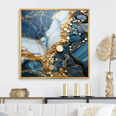 Gold And Blue Geode Art  VI - Liquid Ink Abstract Wall Art