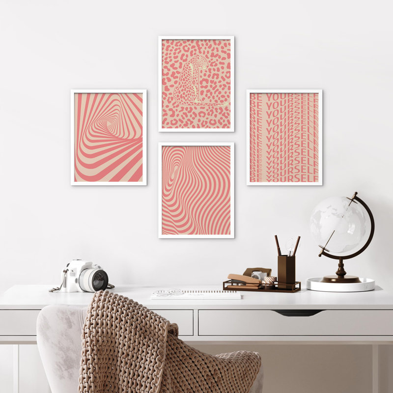 «Pink Line», impression encadrée sur papier 4 pièces, Blanc, H 14 po x l 11 po