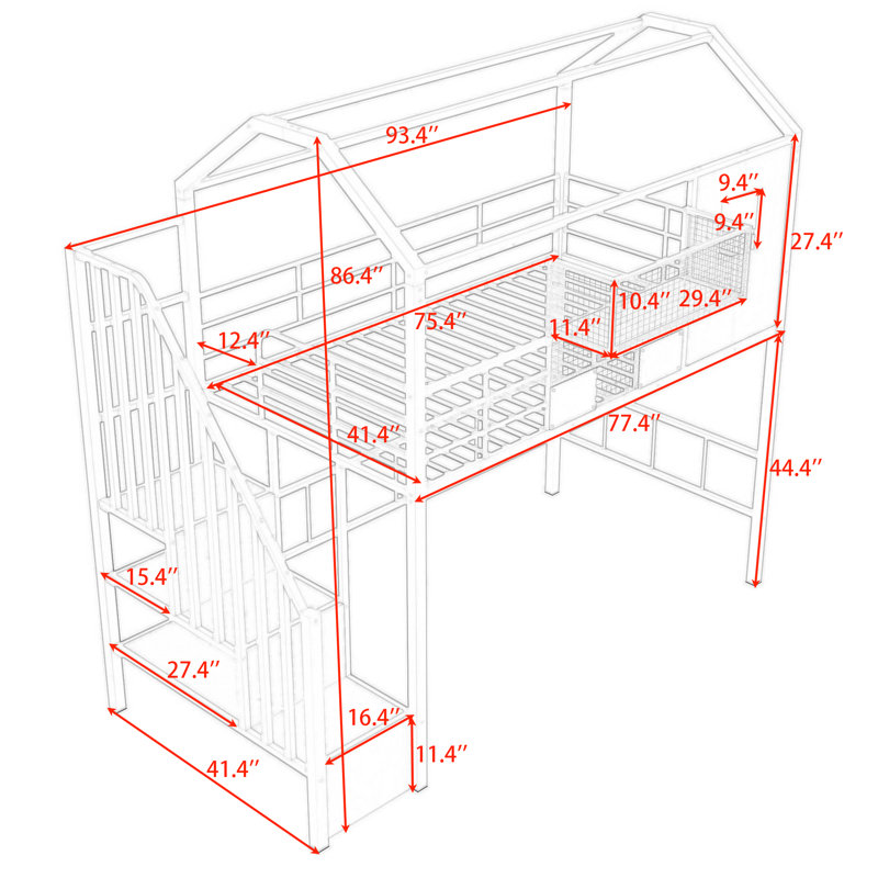 Lit mezzanine simple en métal avec toit, Rose