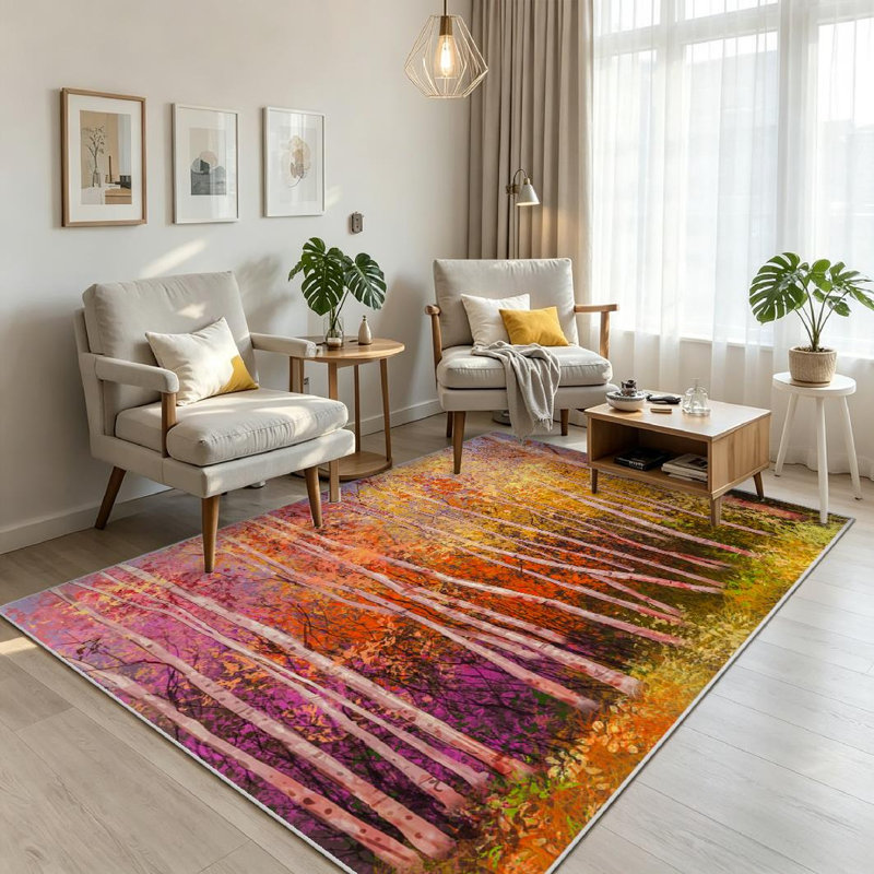 Orange Oil Painting Landscape Colorful Autumn Trees Abstract Forest Aspen Machine Washable Indoor Area Rug
