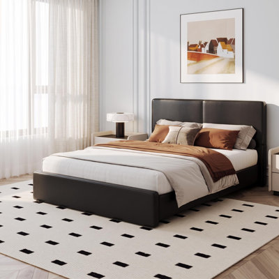 Modern Upholstered Platform Bed Frame w/Headboard and Wooden Slats