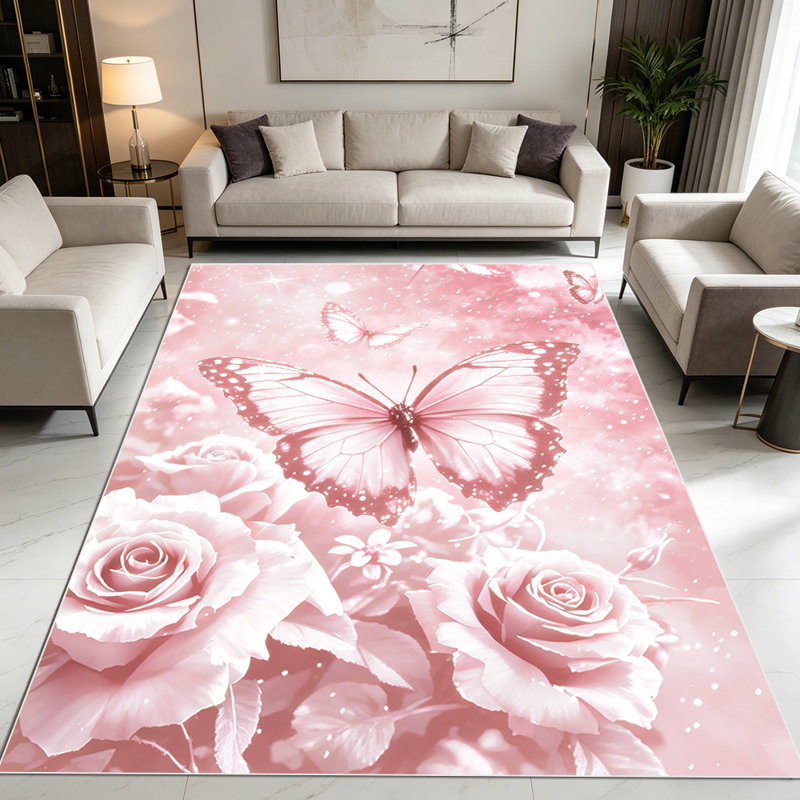 1PC Pink Sparkle Rose & Butterfly Romantic Floral area rugs for Living Room, Soft, All seasons, Easy-maintain, Washable Indoor mat, Farmhouse suitable for dining table, bedroom entryway, kitchen patio, balcony home office, Home Decor, Outdoor Decor.