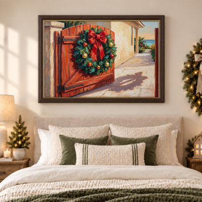 Toile en bois avec couronne verte et arc rouge sur toile de Noël, art mural
