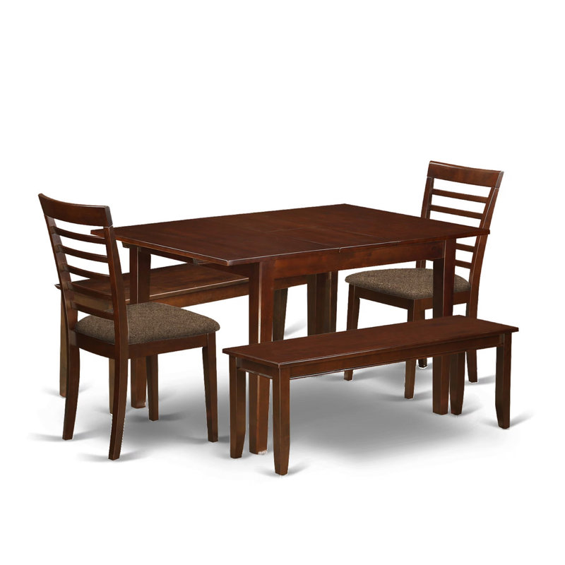 Ensemble de salle à manger 5 pièces comprenant une table de cuisine rectangulaire avec rallonge papillon et 2 chaises de salle à manger en lin avec 2 bancs, 91 x 137 cm, acajou