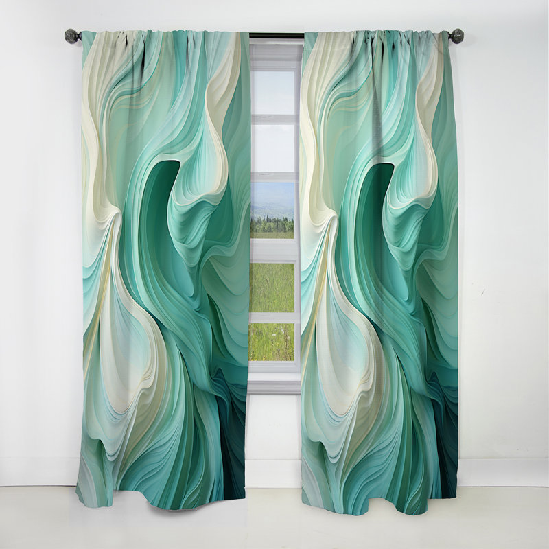 Panneau de rideau abstrait, motif occultant vague verte et blanche - Sway Wave Serenity II vert et blanc, L 52 po x L 120 po