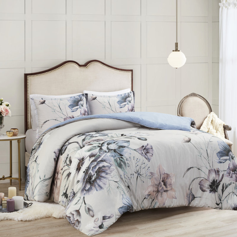 Housse de couette très grand / très grand 3 pièces - Style avec imprimé floral attrayant, combinaison de couleurs douces, comprend 1 et 2 taies décoratives, attaches de coin à fermeture à boutons, literie délicate en coton imprimé à thème