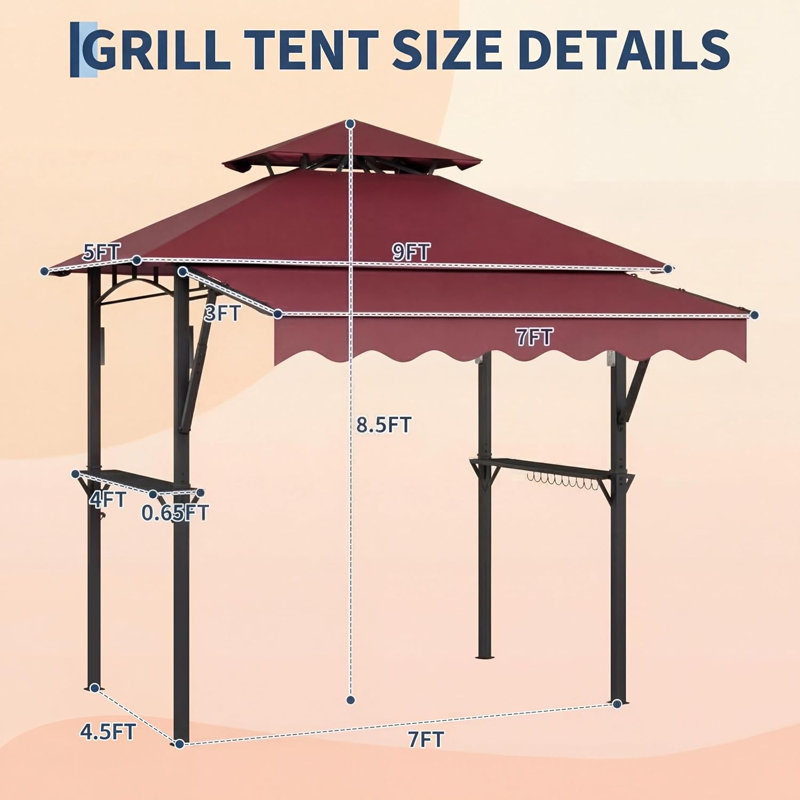 8x5 ft Grill Gazebo with Extra Large 7x3 ft Awning, 2-Tier BBQ Gazebo with Shelves, Hooks & LED Lights, Metal Frame Outdoor Grill Canopy for Backyard Garden Poolside