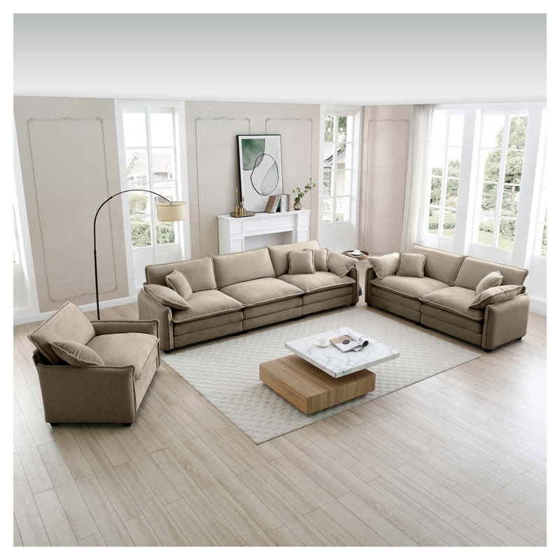 Ensemble de canapé modulaire surdimensionné 3 pièces en velours côtelé brun clair, 6 sièges profonds, Tan Corduroy