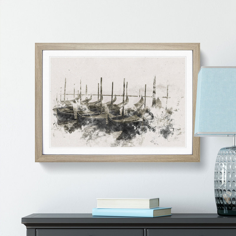 Docked Gondolas In Venice Italy - Picture Frame Painting, 62cm H x 87cm W x 2cm D, Oak Framed
