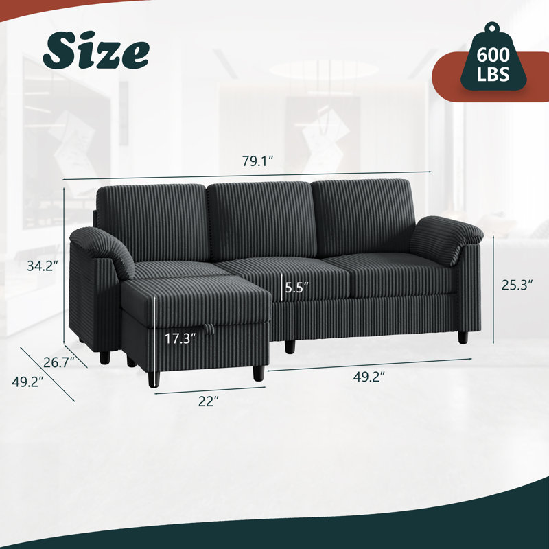 Canapé rembourré 79 po avec repose-pieds 79 po, Grey