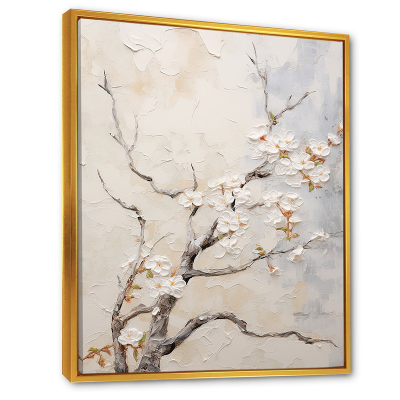 Art mural sur toile minimaliste blanc et gris Cherry Blossom IV, H 32 po x l 16 po x P 1 po, Cadre flottant doré