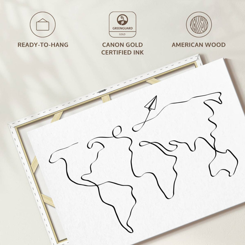 Carte du monde sur une ligne - impression sur toile tendue, H 34 po x l 51 po x P 1,25 po