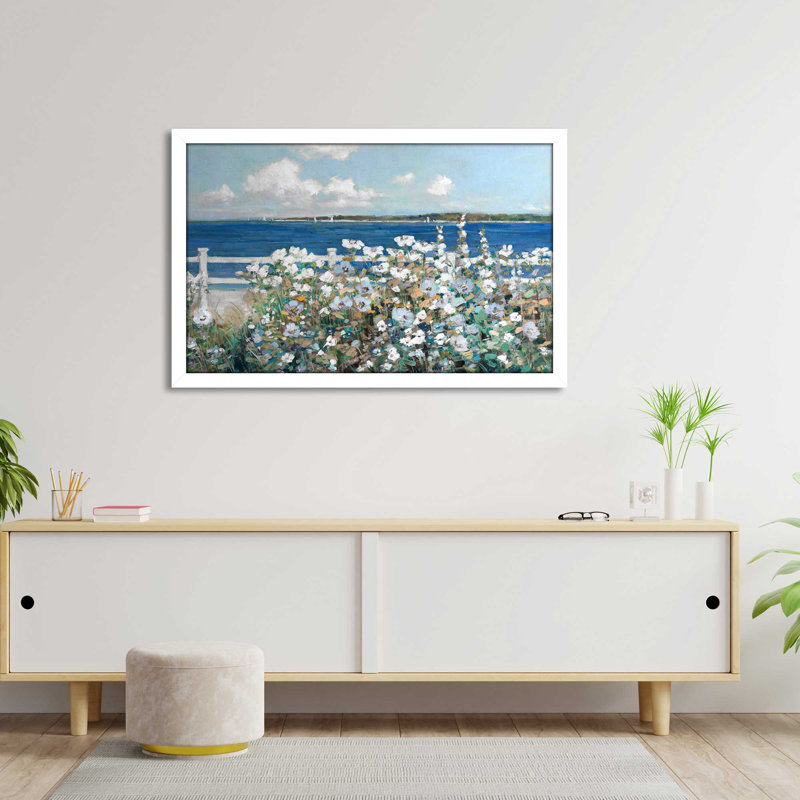 Bayside Garden par Sally Swatland - Peinture, L 39,5 po x H 27,5 po, Cadre blanc