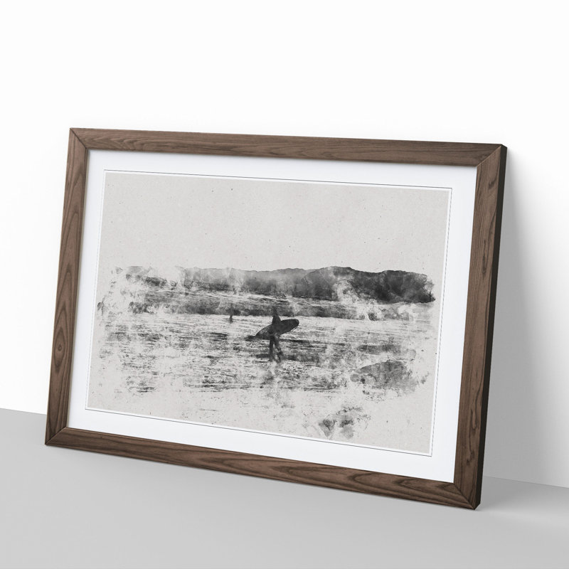 Two Surfers - Picture Frame Graphic Art, Walnut, 65cm H x 90cm W x 2cm D