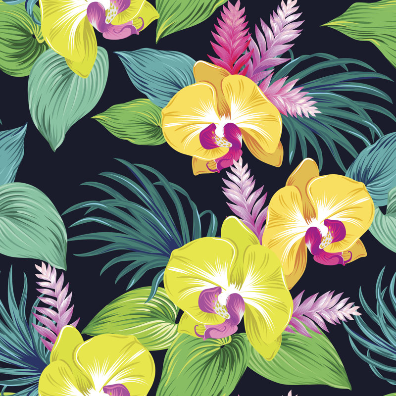 Pattern With Vector Orchids - Wrapped Canvas Print, 30cm H x 30cm W x 3.8cm D