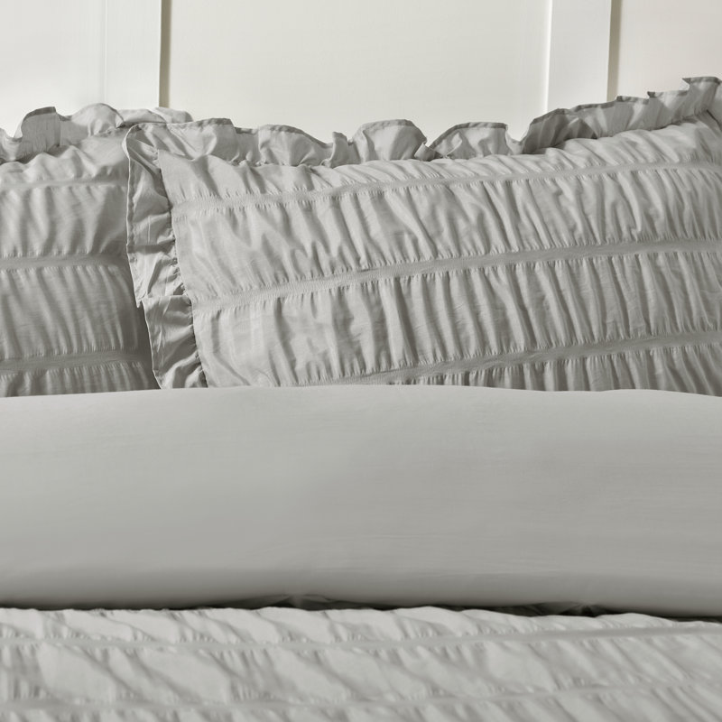 Seersucker Frill Duvet Cover Set, Silver Grey, Kingsize Duvet Cover + 2 Standard Pillowcases