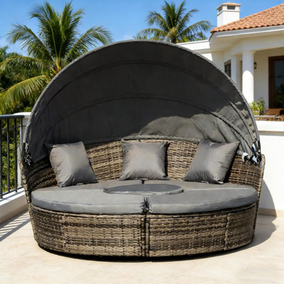4 - Piece Patio Furniture Conversation , Round Convertible Daybed With Canopy, Dark Gray Pe , Suitable For Lawn And Porch, Removable Cushion Covers Outdoor , Thick Cushions Throw Pillows, Assembly