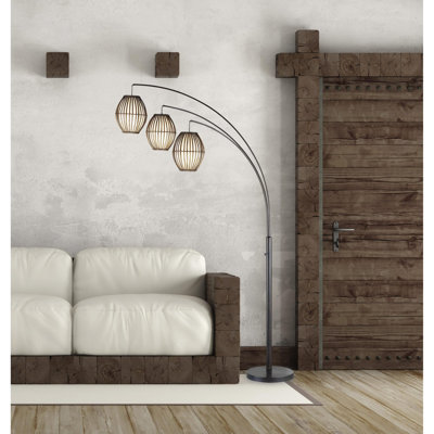 Lampe à arc à trois lumières en métal bronze avec lanternes en forme de tonneau brun