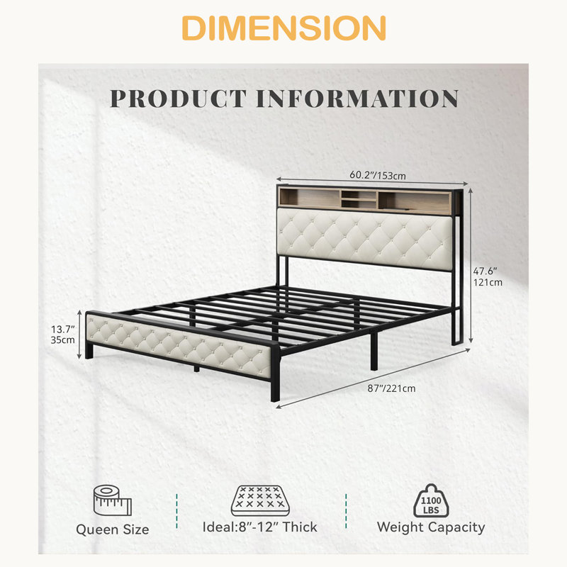 Base de lit, base de lit plateforme avec station de charge, tête de lit et pied de lit rembourrés avec lattes de support en métal, aucun sommier nécessaire