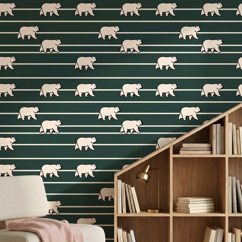 Murale moderne rayée vert foncé Modern Bears, Peler et coller