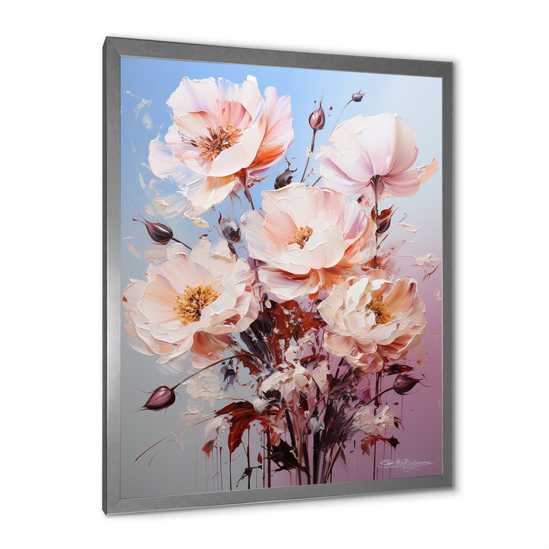 Beige, roses roses et Burgeon sur toile, Cadre simple argenté, H 20 po x l 12 po x P 1 po