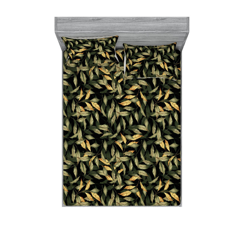 Ambesonne Fitted Sheet & Shams 3 Pcs Spring White Asters Calking Pistachio Green Mustard, Queen Sheet Set with 2 Pillowcases