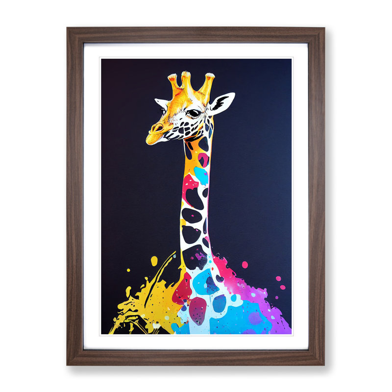 Giraffe Paint Splat No.1 - Single Picture Frame Painting, 64cm H x 46cm W x 2cm D, Walnut
