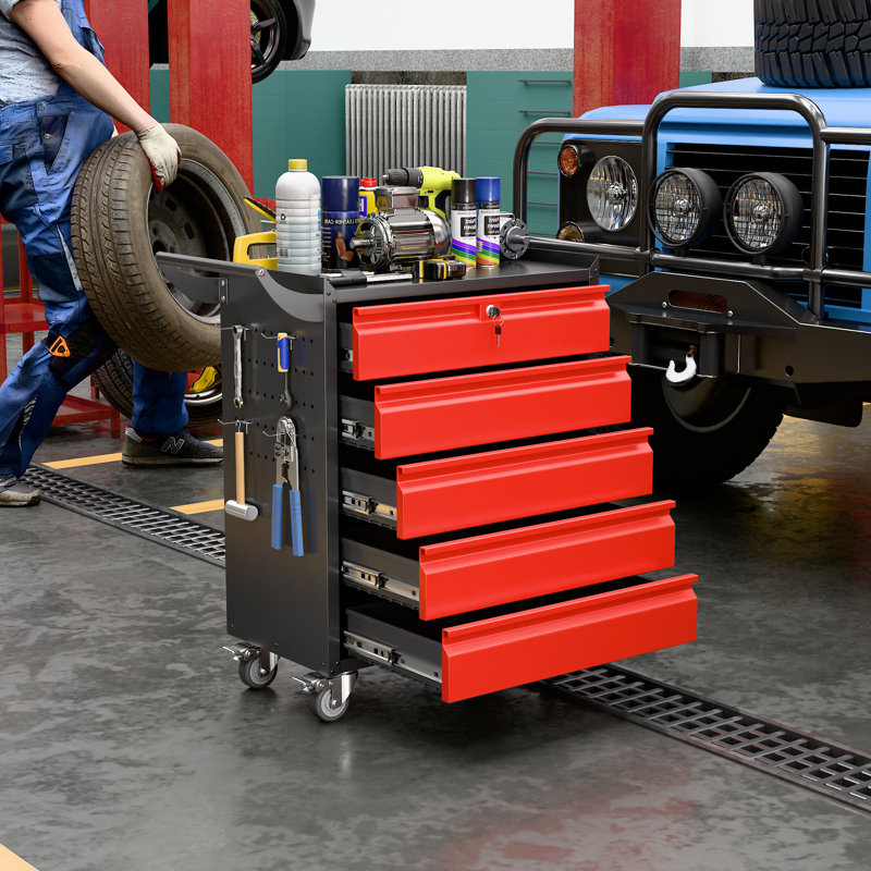 Metal Rolling Tool Chest with 5 Drawers and 4 Hooks, Tool Storage Cabinet with Lockable Wheels and Pushing Hands For Warehouse, Garage, Assembly Required, Black&Red
