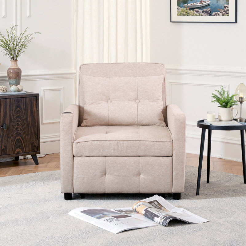 Sleeper Chair 3-In-1 Convertible Chair Bed Pull Out Sleeper Chair Beds Adjustable Single Armchair Sofa Bed, Beige Linen