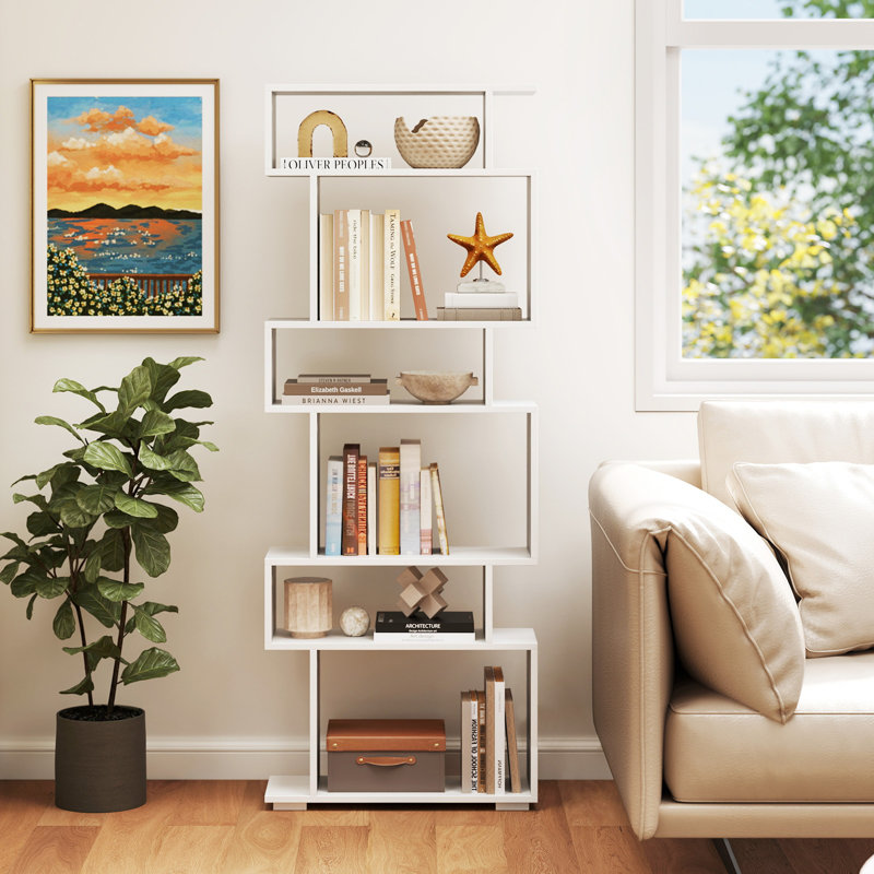 6-tier Storage Bookshelf S-shaped Geometric Bookcase With Anti-toppling Kits, White