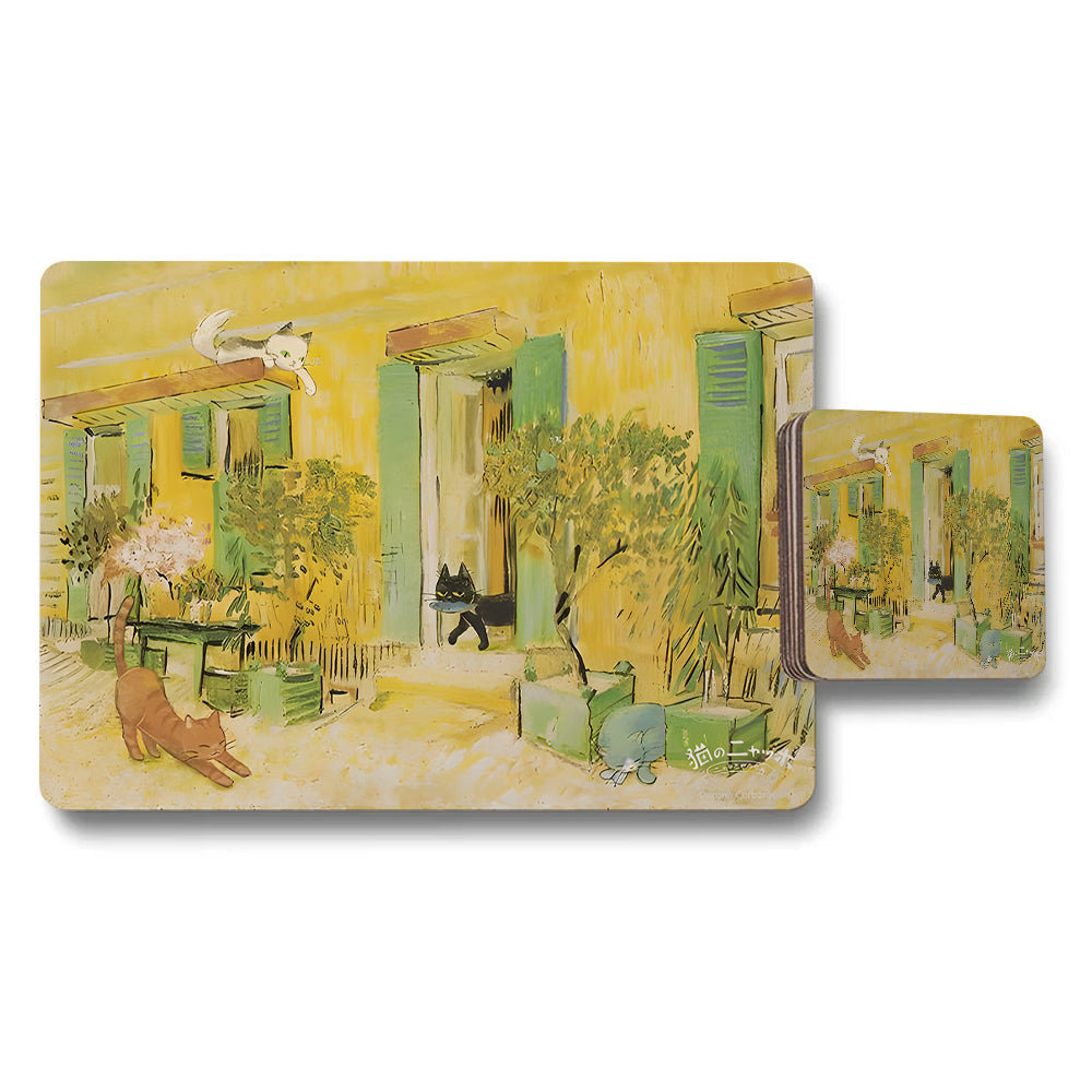 Cat Themed Placemat And Coaster Set With Yellow Garden Scene