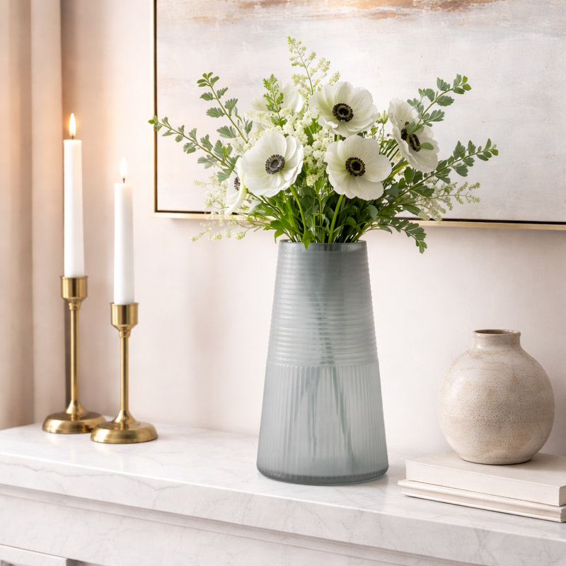 Modern Glass Table Vase With Textured Lines For Home Decor Accent - Stylish Flower Vase & Decorative Tall Vase Centerpiece - 12", Blue