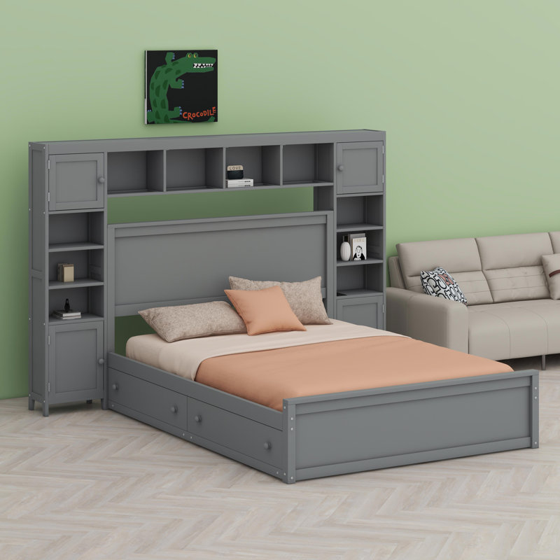Lit en bois avec armoire, Gris