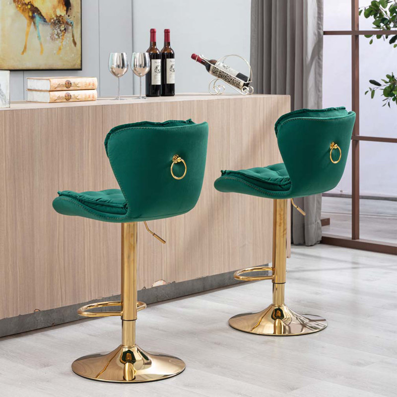 Tabourets de bar, avec repose-pieds chromé et base pivotante en velours, Siège vert / cadre doré