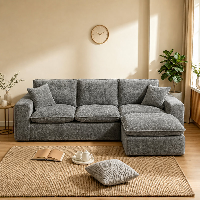 Canapé modulaire en forme de L 107 po avec repose-pieds mobile et coussins pour le salon, Grey Boucle